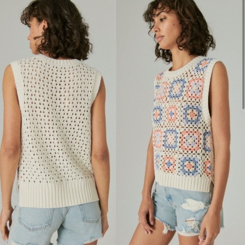 Lucky Brand Crochet Geo Sweater Vest L Open Knit Granny Square Boho